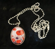 Load image into Gallery viewer, 22 x 30mm Oval Pendant/Chain - Original painting of red poppies with an abstract background
