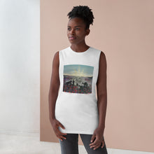 Load image into Gallery viewer, Regular fit sleeveless tank tee is 100% light cotton w/ low & raw (unsewn) armholes by Kerry Sandhu Art. 7 ANZAC designs