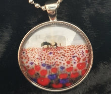 Load image into Gallery viewer, 25mm Pendant &amp; Chain - Sunrise (ANZAC Crest), silhouette soldier, horse drinking from a hat, a field of red &amp; purple poppies
