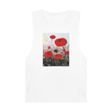 Load image into Gallery viewer, Regular fit sleeveless tank tee is 100% light cotton w/ low & raw (unsewn) armholes by Kerry Sandhu Art. 7 ANZAC designs