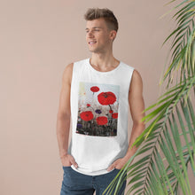 Load image into Gallery viewer, Regular fit sleeveless tank tee is 100% light cotton w/ low & raw (unsewn) armholes by Kerry Sandhu Art. 7 ANZAC designs
