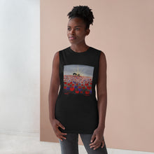 Load image into Gallery viewer, Regular fit sleeveless tank tee is 100% light cotton w/ low & raw (unsewn) armholes by Kerry Sandhu Art. 7 ANZAC designs