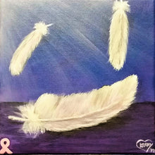 Load image into Gallery viewer, Original painting of three white feathers in sunrays by Kerry Sandhu Art