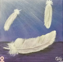 Load image into Gallery viewer, Original painting of three white feathers in sunrays by Kerry Sandhu Art