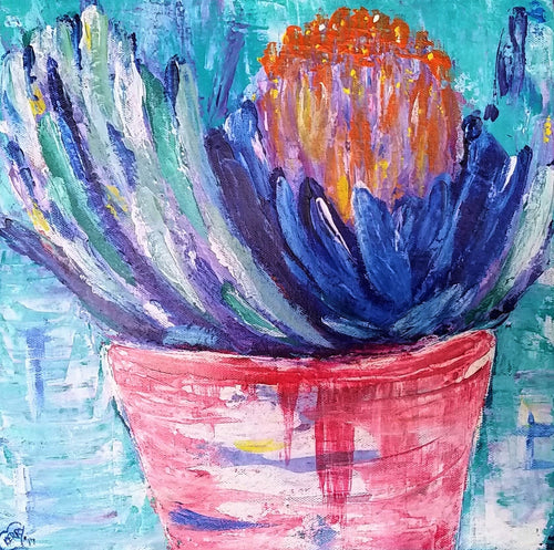 Original painting of a banksia plant on a pot by Kerry Sandhu Art