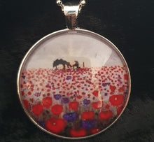 Load image into Gallery viewer, 38mm Pendant &amp; Chain - Sunrise (ANZAC Crest), silhouette soldier, horse drinking from a hat, a field of red &amp; purple poppies
