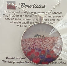Load image into Gallery viewer, 38mm Pendant &amp; Chain - Sunrise (ANZAC Crest), silhouette soldier, horse drinking from a hat, a field of red &amp; purple poppies
