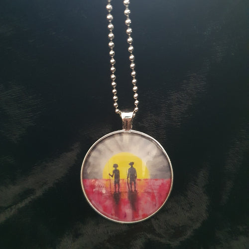 38mm Pendant/Chain -Abstract Aboriginal flag/Rising Sun silhouette of Aboriginal holding spear, soldier holding gun & poppies