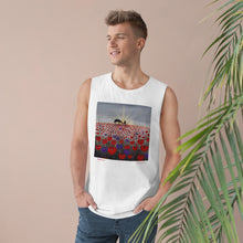 Load image into Gallery viewer, Regular fit sleeveless tank tee is 100% light cotton w/ low & raw (unsewn) armholes by Kerry Sandhu Art. 7 ANZAC designs
