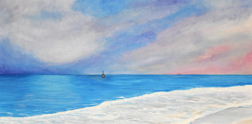 Original painting of a pastel sunset over calm waters at Cottesloe Beach in Western Australia featuring the iconic pylon 