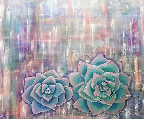 Original painting of two succulents with a colourful abstract background by Kerry Sandhu Art