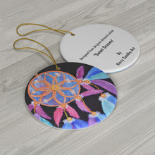 Load image into Gallery viewer, Original artwork front, description on back. Thick high-quality porcelain. 7cm diameter. Comes w/ ribbon by Kerry Sandhu Art