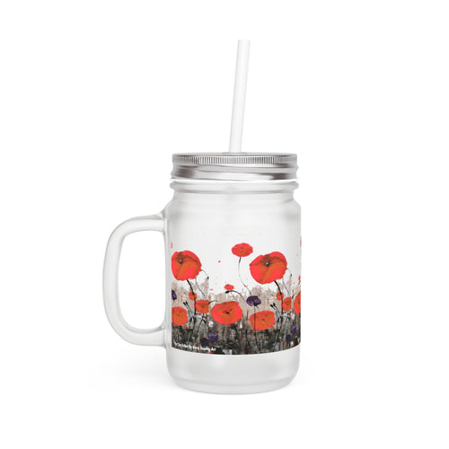 Original painting of red poppies with an abstract background on a mason jar with straw, lid and handle