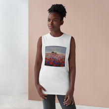 Load image into Gallery viewer, Regular fit sleeveless tank tee is 100% light cotton w/ low & raw (unsewn) armholes by Kerry Sandhu Art. 7 ANZAC designs