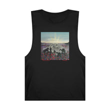 Load image into Gallery viewer, Regular fit sleeveless tank tee is 100% light cotton w/ low & raw (unsewn) armholes by Kerry Sandhu Art. 7 ANZAC designs
