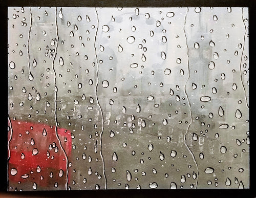 Original painting looking through a window with raindrops on it to a misty London skyline by Kerry Sandhu Art