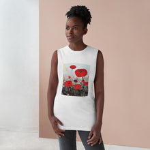 Load image into Gallery viewer, Regular fit sleeveless tank tee is 100% light cotton w/ low & raw (unsewn) armholes by Kerry Sandhu Art. 7 ANZAC designs