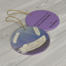 Load image into Gallery viewer, Original artwork front, description on back. Thick high-quality porcelain. 7cm diameter. Comes w/ ribbon by Kerry Sandhu Art