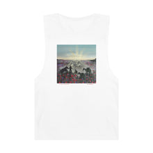 Load image into Gallery viewer, Regular fit sleeveless tank tee is 100% light cotton w/ low & raw (unsewn) armholes by Kerry Sandhu Art. 7 ANZAC designs