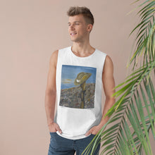 Load image into Gallery viewer, Regular fit sleeveless tank tee is 100% light cotton w/ low & raw (unsewn) armholes by Kerry Sandhu Art. 7 ANZAC designs