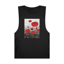 Load image into Gallery viewer, Regular fit sleeveless tank tee is 100% light cotton w/ low & raw (unsewn) armholes by Kerry Sandhu Art. 7 ANZAC designs