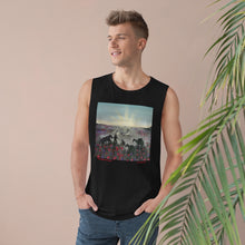 Load image into Gallery viewer, Regular fit sleeveless tank tee is 100% light cotton w/ low & raw (unsewn) armholes by Kerry Sandhu Art. 7 ANZAC designs