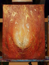 Load image into Gallery viewer, Original abstract painting of an orange and yellow flame with gold leaf detail by Kerry Sandhu Art