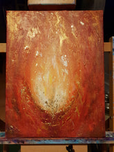 Load image into Gallery viewer, Original abstract painting of an orange and yellow flame with gold leaf detail by Kerry Sandhu Art