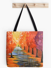 Load image into Gallery viewer, original painting of autumn / fall coloured leaves and trees with water reflections on a 41 x 41cm tote bag