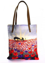 Load image into Gallery viewer, TOTE BAG - Sunrise, soldier &amp; horse drinking from a hat silhouette, a field of red &amp; purple poppies - leather straps, pockets
