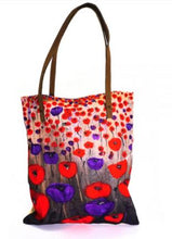 Load image into Gallery viewer, Original artwork of a field of red and purple poppies on a large tote bag with leather straps and internal pockets
