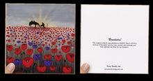 Load image into Gallery viewer, Sunrise, a silhouette of a soldier kneeling next to his horse drinking from his hat, field of red &amp; purple poppies BLANK CARD
