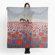 Load image into Gallery viewer, Sunrise, soldier & horse drinking from hat silhouette, a field of red & purple poppies on a 140x 40cm scarf/wrap/shawl