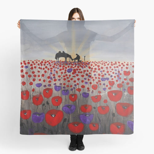  Sunrise, soldier & horse drinking from hat silhouette, a field of red & purple poppies on a 140x 40cm scarf/wrap/shawl