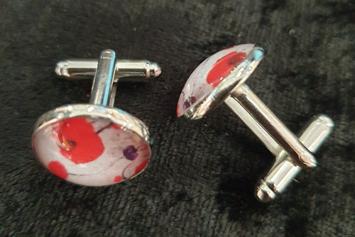 Original painting of red poppies with an abstract background on 16mm platinum cufflinks