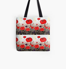 Load image into Gallery viewer, Original painting of red poppies with an abstract background on a 41 x 41cm tote bag
