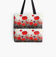 Load image into Gallery viewer, Original painting of red poppies with an abstract background on a 41 x 41cm tote bag