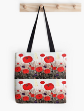 Load image into Gallery viewer, Original painting of red poppies with an abstract background on a 41 x 41cm tote bag