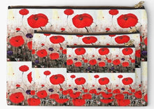 Load image into Gallery viewer, Original painting of red poppies with an abstract background on three sizes of zipper pouches