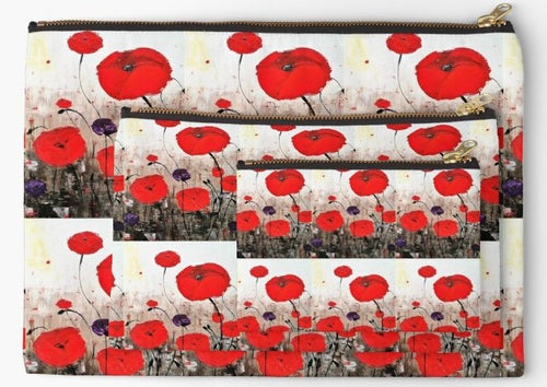 Original painting of red poppies with an abstract background on three sizes of zipper pouches