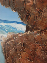 Load image into Gallery viewer, Original artwork of penguins walking up a rocklined beach by Kerry Sandhu Art
