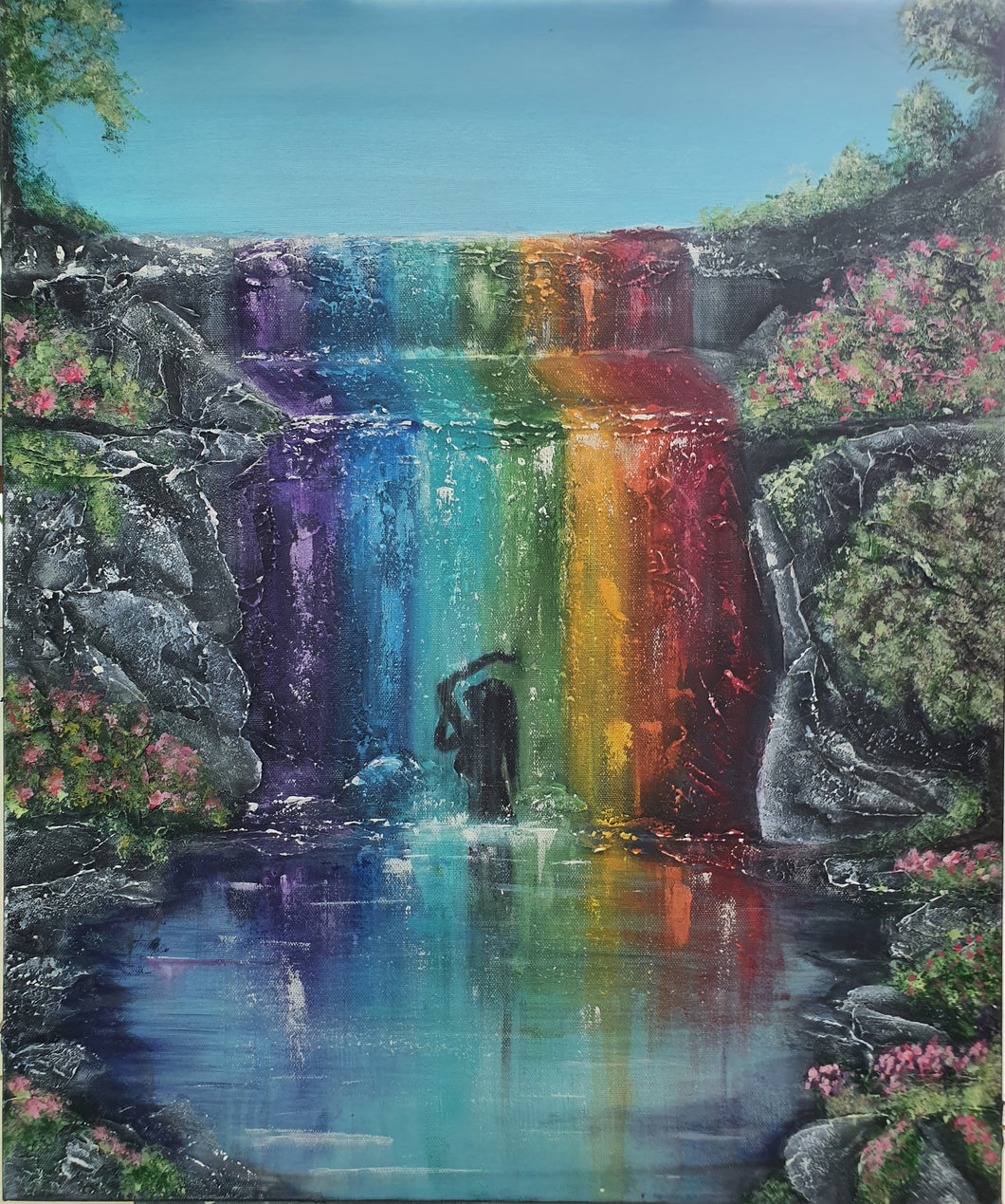 Original artwork of a silhouette of a lady under a chakra / rainbow / pride coloured waterfall by Kerry Sandhu Art