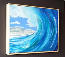 Load image into Gallery viewer, Original painting of a tubular blue and turquoise wave about to crash by Kerry Sandhu Art