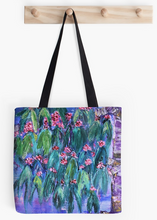 Load image into Gallery viewer, Original painting of part of a flowering gum tree on a 41 x 41cm tote bag
