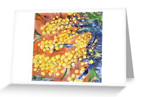 Original painting of part of a golden wattle tree on a blank card
