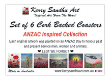 Load image into Gallery viewer, Cork underside, glossy finish top. 1 or 4 pc sets. 9.5x9.5cm. Box set 6 different ANZAC original artworks with BONUS magnets