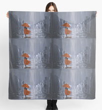 Load image into Gallery viewer, Abstract rainy cityscape with a lady in a red coat under a red umbrella &amp; water reflections 140x 40cm scarf/wrap/shawl
