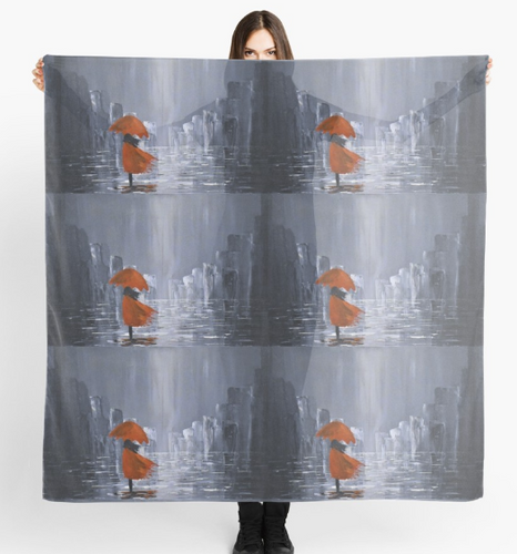 Abstract rainy cityscape with a lady in a red coat under a red umbrella & water reflections 140x 40cm scarf/wrap/shawl