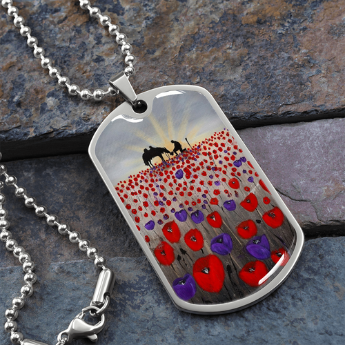 Sunrise, soldier & horse drinking from a hat silhouette, field of red & purple poppies - military style dog tag pendant/chain