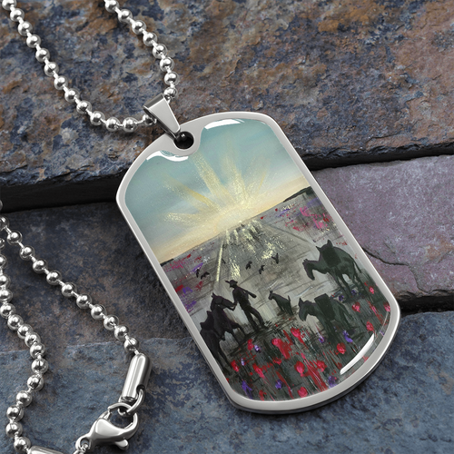 Soldier, horse, camel, donkey, dog & birds, an ANZAC Crest sunrise, field of poppies -military style dog tag pendant & chain
